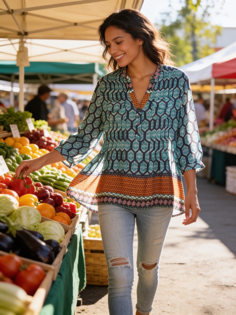 Boho Printed Peasant Tunic Top in Teal & Orange